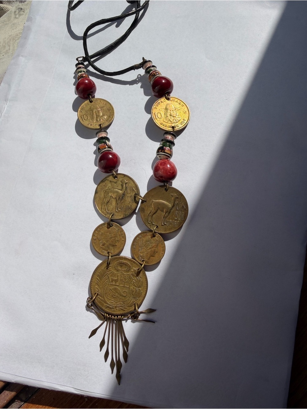 Vintage Peruvian coin Red Bead and Brass Coin Statement Necklace.